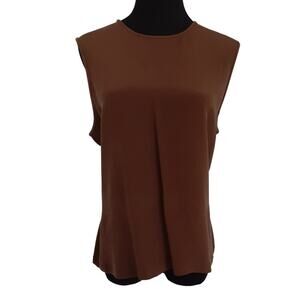 Vintage 80s Sleeveless Blouse Silk Chocolate Brown Button Back XL Minimalist